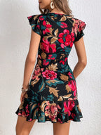 Shasmi GirlS & WomenS Black Floral Print Cap Sleeve Ruffle Trim Short Dress Summer Boho One Piece Mini Dress For Women Stylish