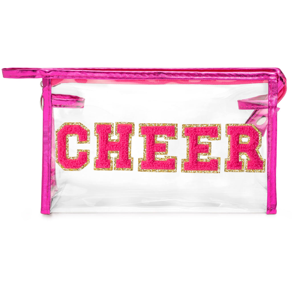 Y1tvei CHEER Clear Makeup Bag - Preppy Rose Red Cheer Chenille Patch Cosmetic Pouch Extra Large PVC Transparent Toiletry Carry B