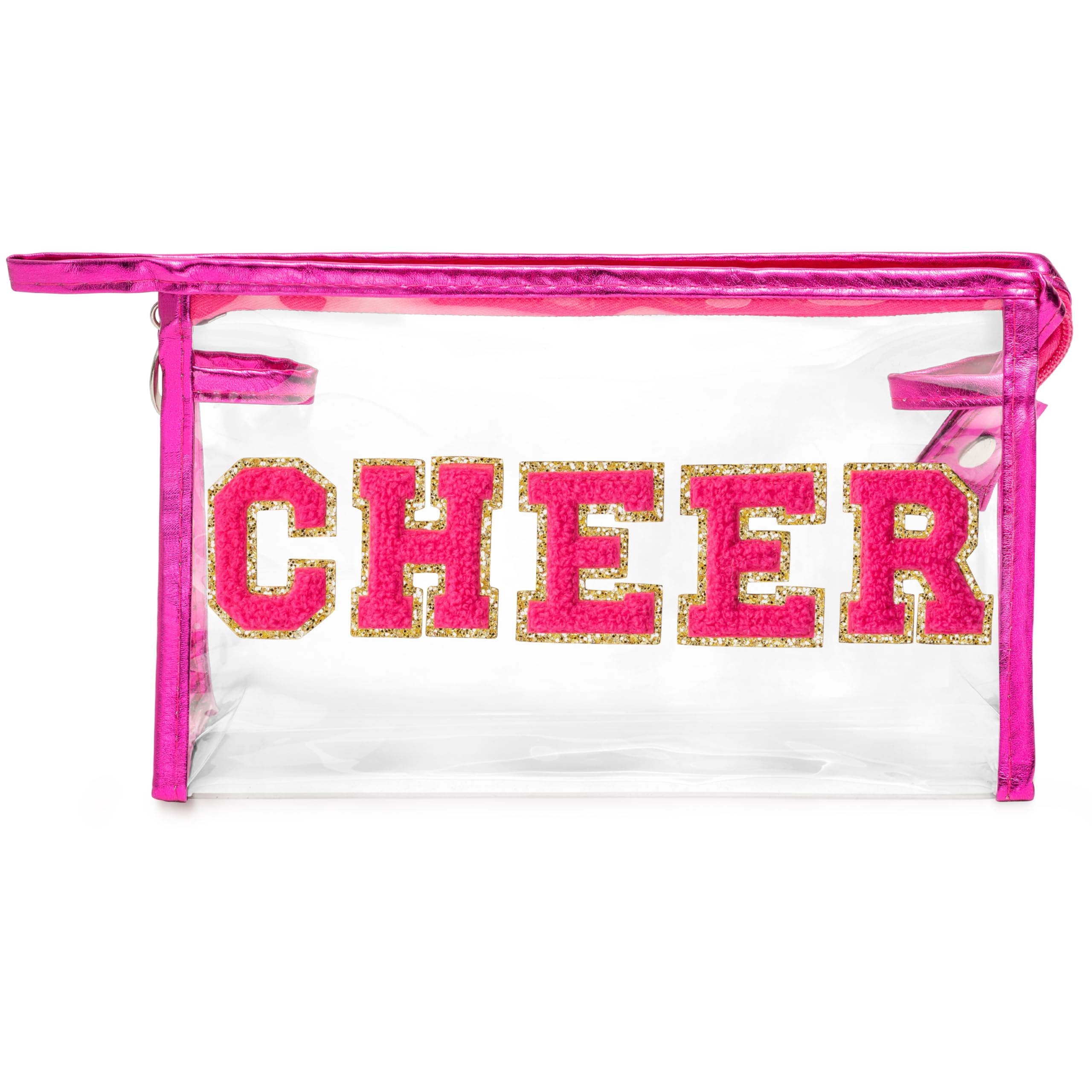 Y1tvei CHEER Clear Makeup Bag - Preppy Rose Red Cheer Chenille Patch Cosmetic Pouch Extra Large PVC Transparent Toiletry Carry B