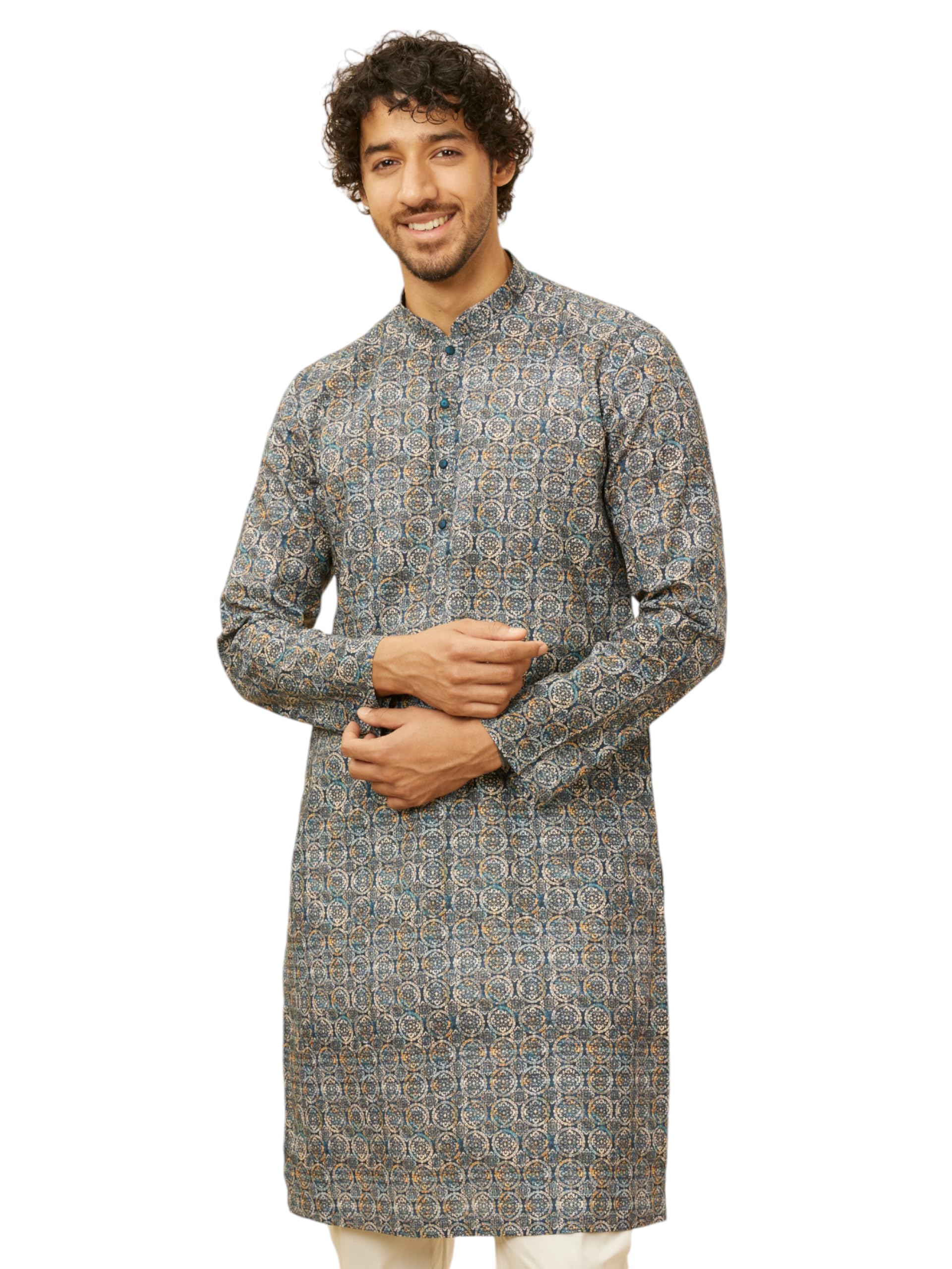 Manyavar MenS Imperial Blue Medallion Printed Kurta (Xxl)