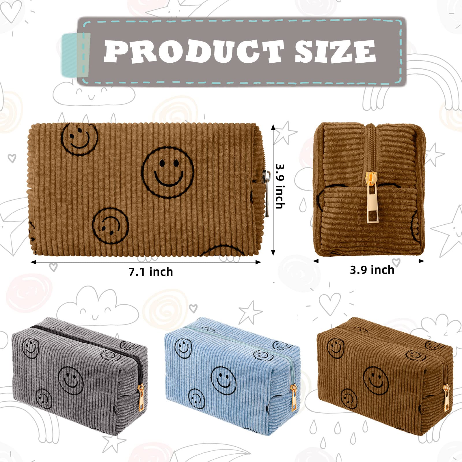 3 Pcs Corduroy Cosmetic Bag Smile Face Aesthetic Preppy Makeup Bag Corduroy Toiletry Aesthetic Pouch Travel Smile Bags for Women