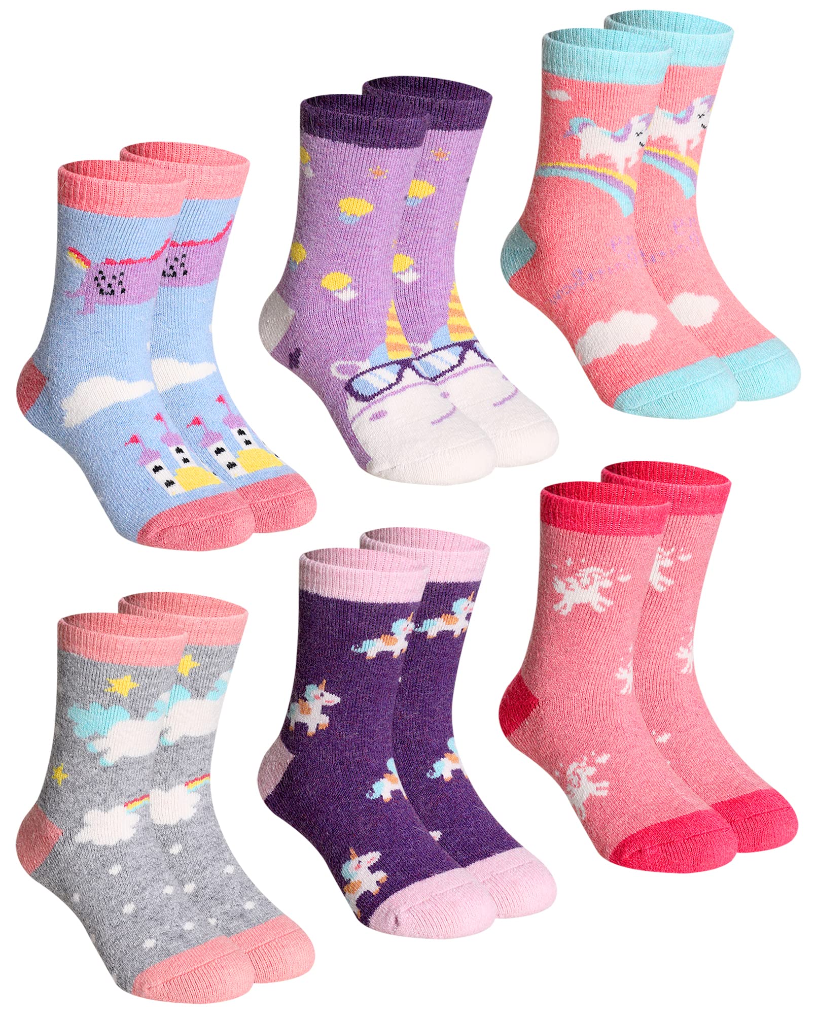 Children's Winter Warm Wool Solid Color Socks Kids Boy Girls Thermal Crew Socks 6 Pairs(Unicorn C, 8-12 Years)