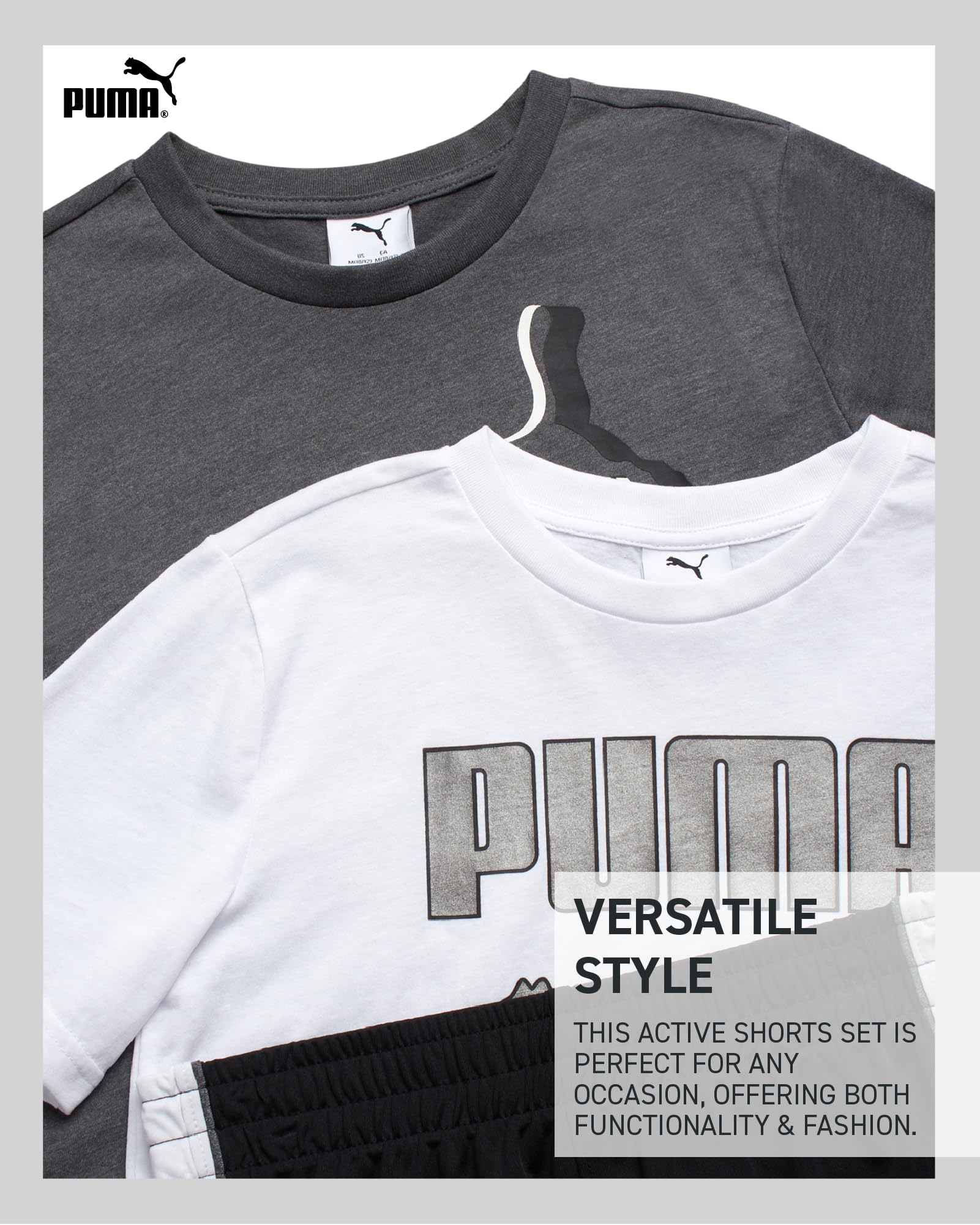 PUMA Boys' Active Shorts Set - 3 Piece Performance T-Shirt, Dry Fit Tank Top, and Gym Shorts - Activewear Set for Boys (S-L), Si