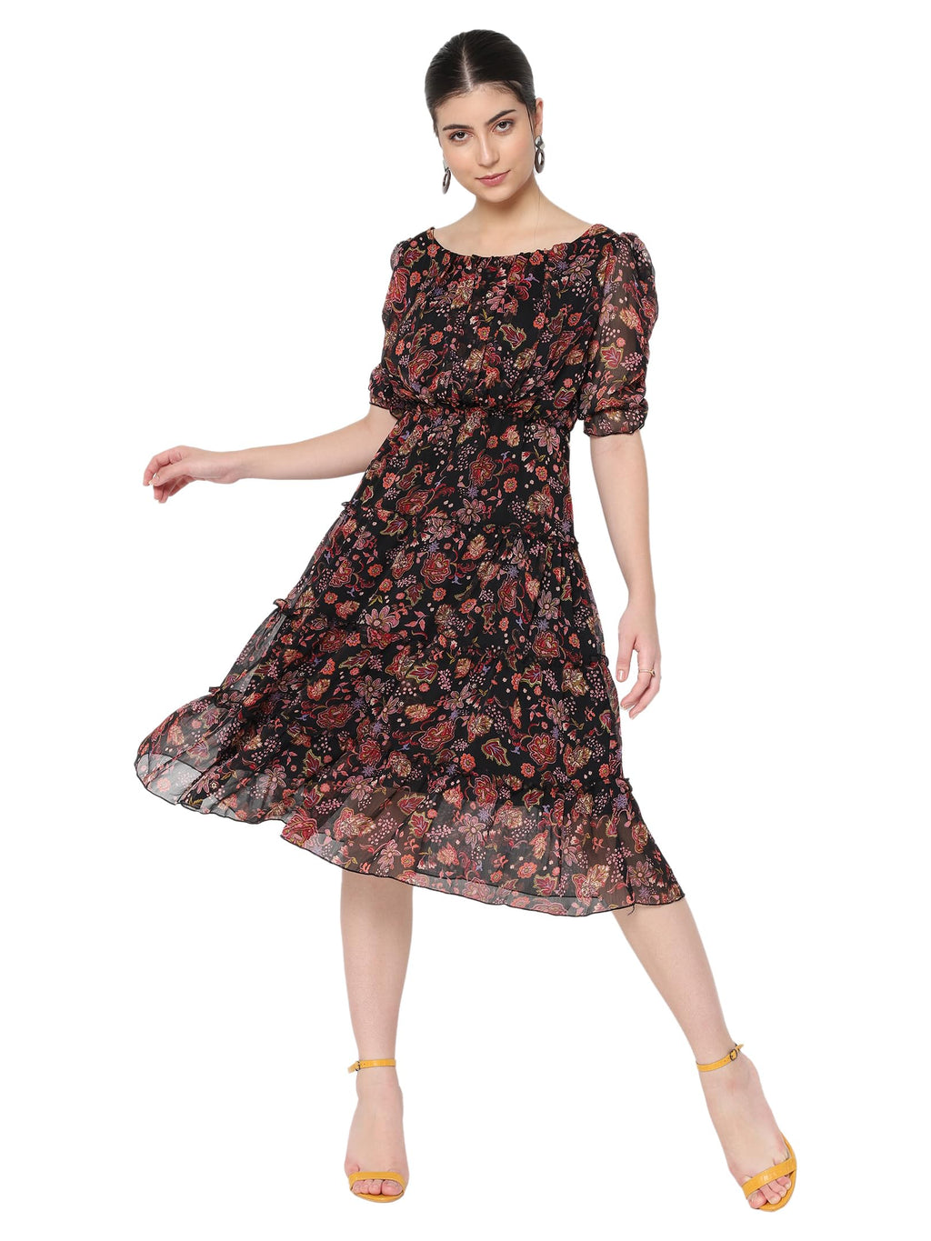 Avanova Chiffon Black Boat Neck Knee Length Western Dresses For Women (Dress 60 Black L)