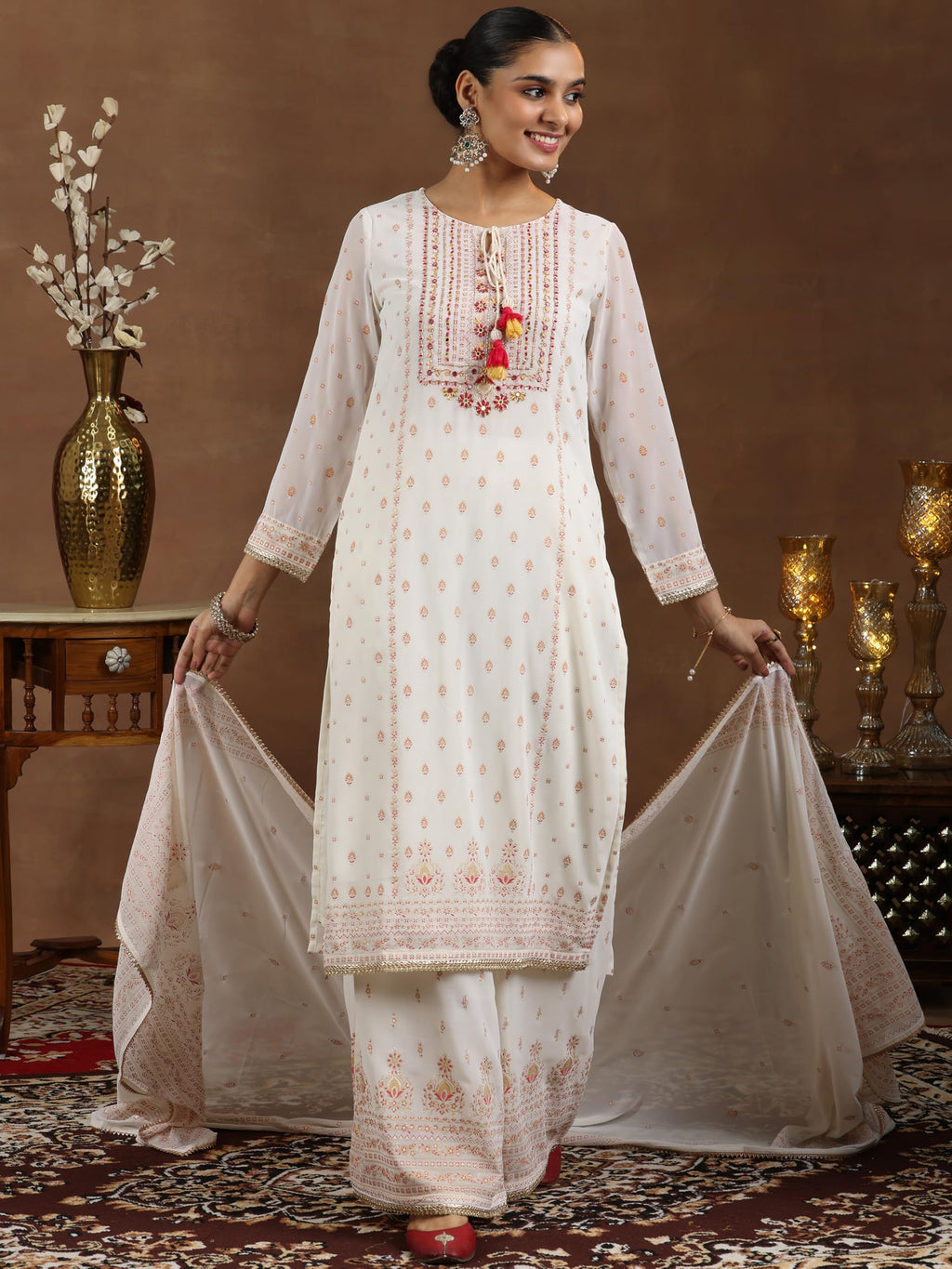 Libas Womens Printed Georgette Straight Kurta With Palazzos And Dupatta