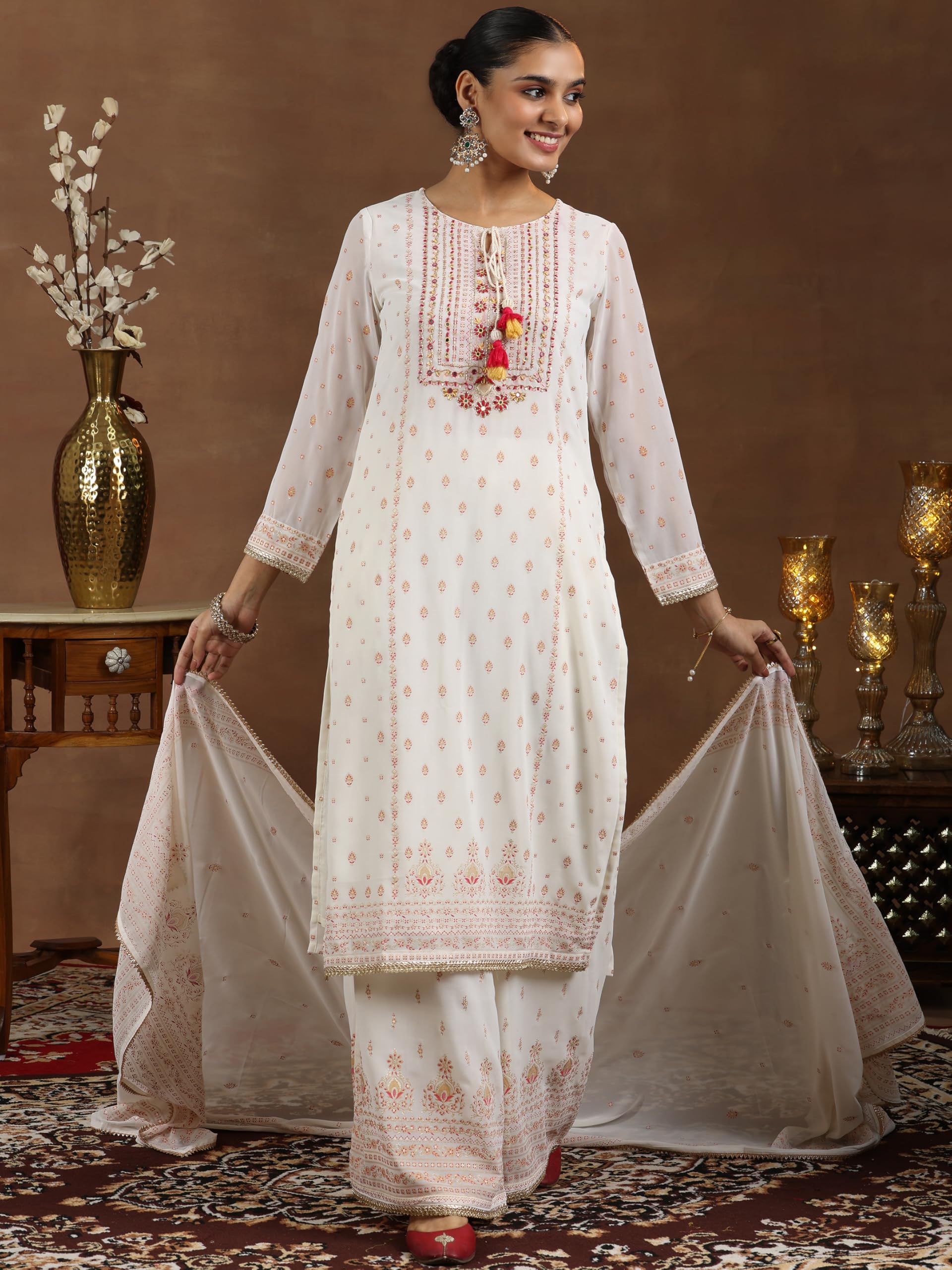 Libas Womens Printed Georgette Straight Kurta With Palazzos And Dupatta