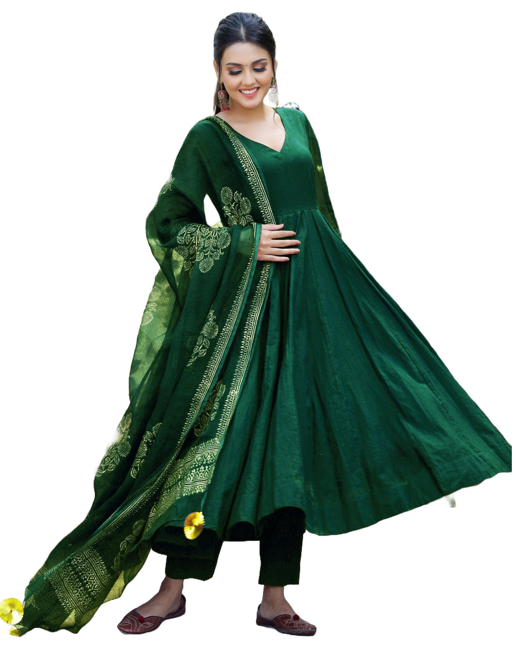 ANNI DESIGNER Womens Rayon Blend Solid Anarkali Kurta with Pant & Dupatta (MAGIC-GREEN_L_Green_Large)