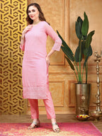 Ishin Women Pink 3Pcs Kurta Set With Dupatta