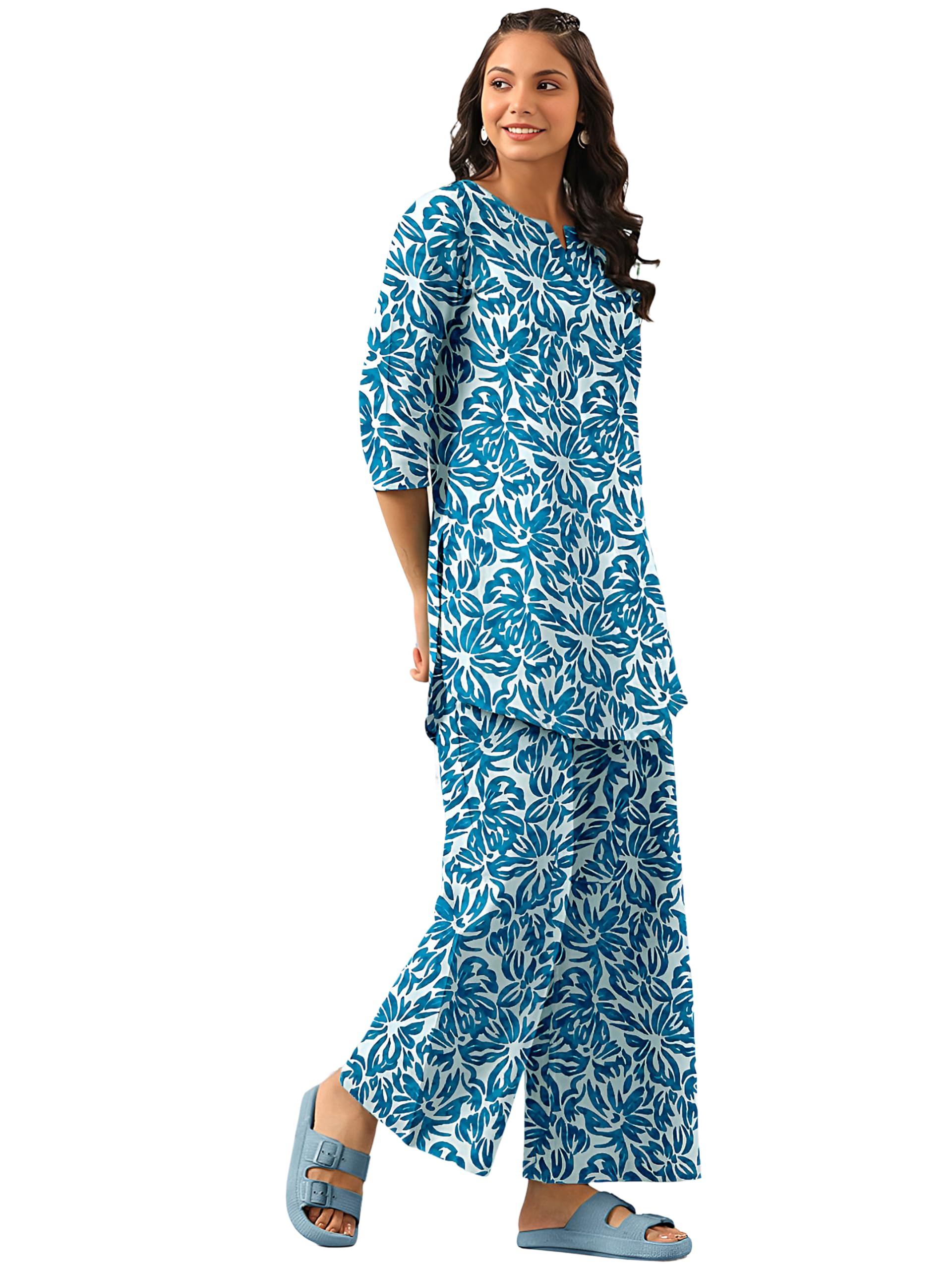 Pinkmint WomenS Pure Cotton Co Ord Set L Printed Stylish Top & Bottom Set L Wide-Leg Pant Loungewear L Day-To-Night Comfort Wea