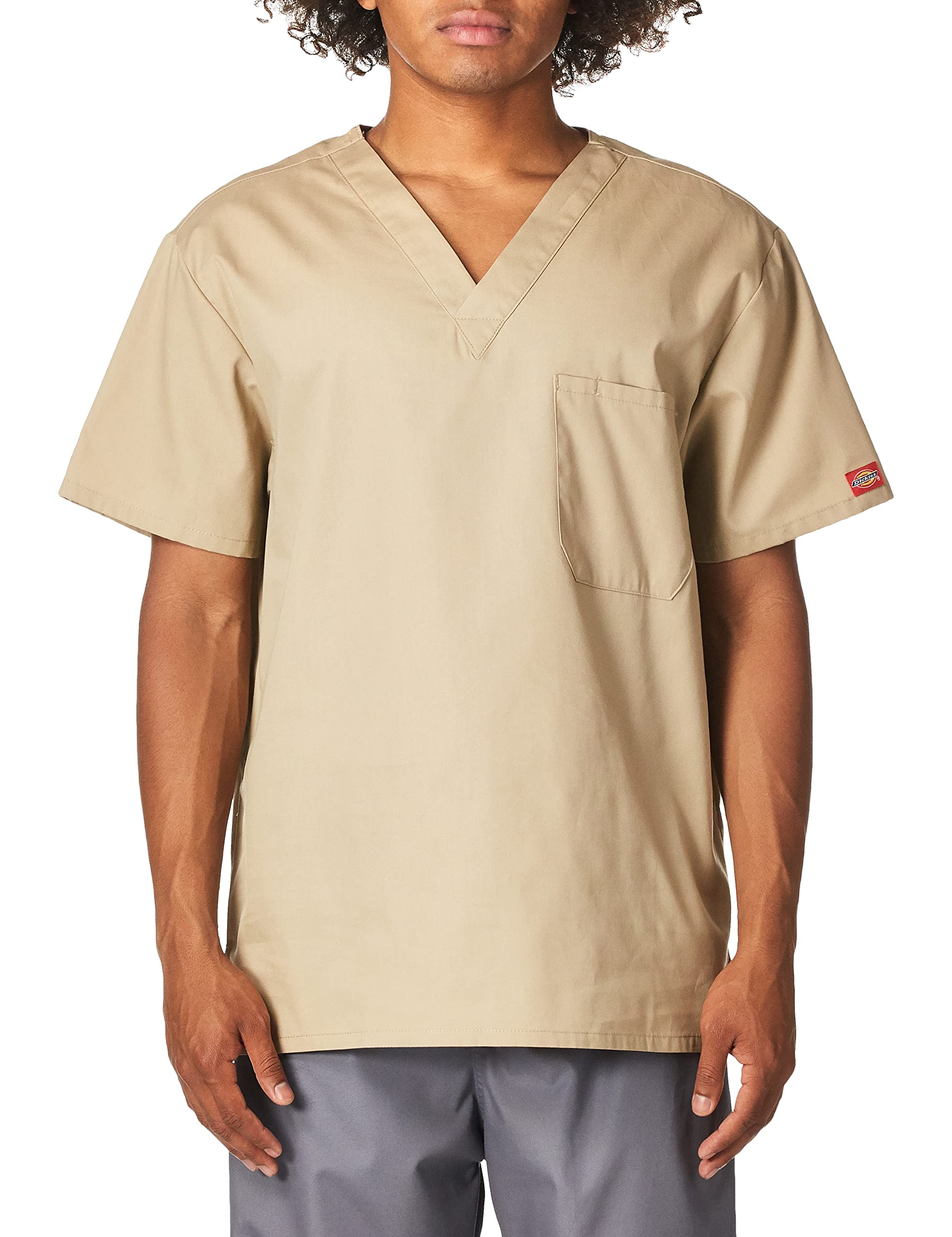 Dickies Mens Signature V-Neck Scrubs Shirt, Khaki, Large
