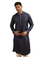 Manyavar MenS Satin Embroidered|Sequins Kurta Pyjama Set (Blue,L)