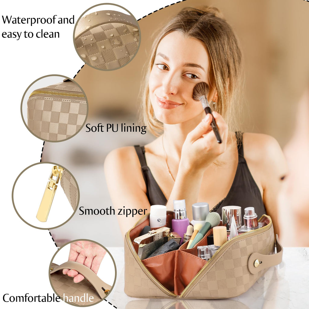 ALEXTINA Large Capacity Travel Cosmetic Bag - Portable Makeup Bags for Women Waterproof PU Leather Checkered Makeup Organizer Ba