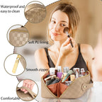 ALEXTINA Large Capacity Travel Cosmetic Bag - Portable Makeup Bags for Women Waterproof PU Leather Checkered Makeup Organizer Ba