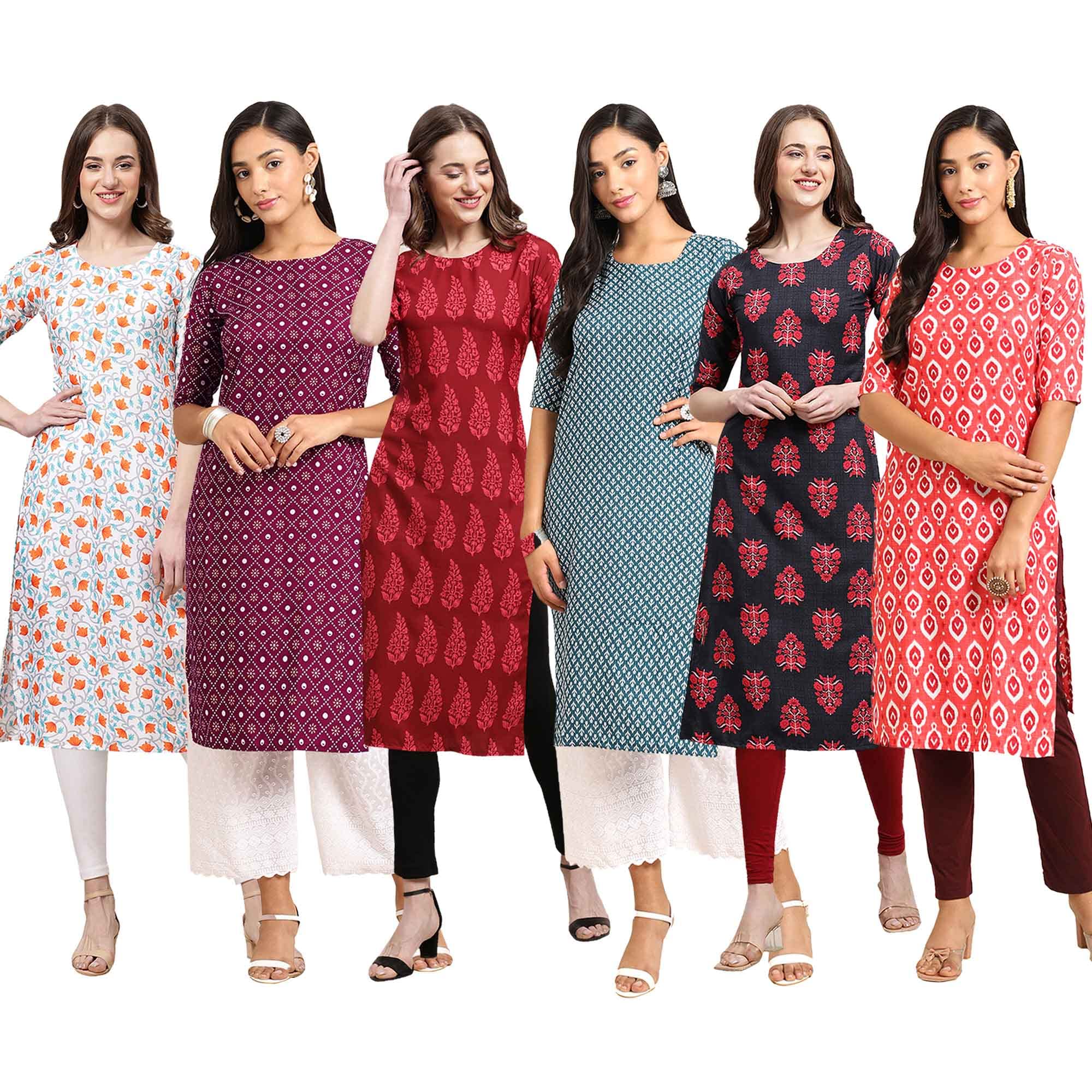 Pinkmint Womens Crepe Digital Print Straight Kurta [Pack of 6] (CKT-334-355-337-351-345-346-XL)