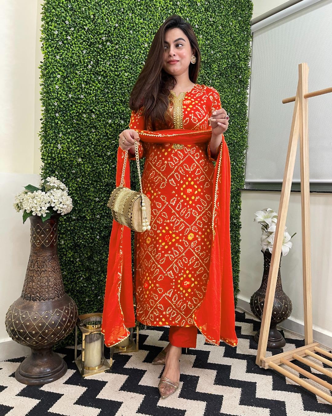 GoSriKi Women s Kurta Bandhej Straight Printed Rayon Blend with Pants and Dupatta for Women