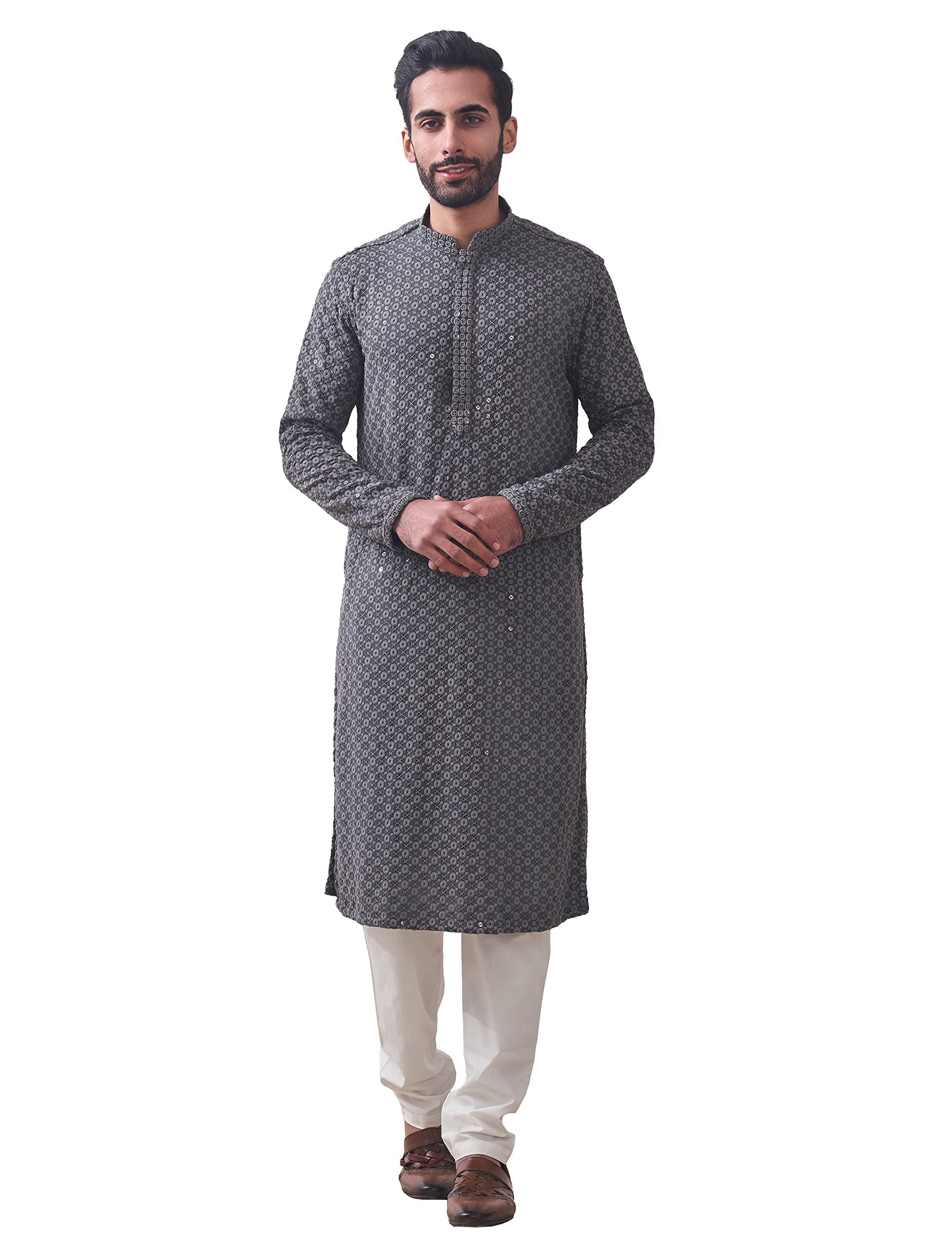 Manyavar Grey Viscose Full Sleeve Kurta Set Traditional Kurta Set for Men (L)