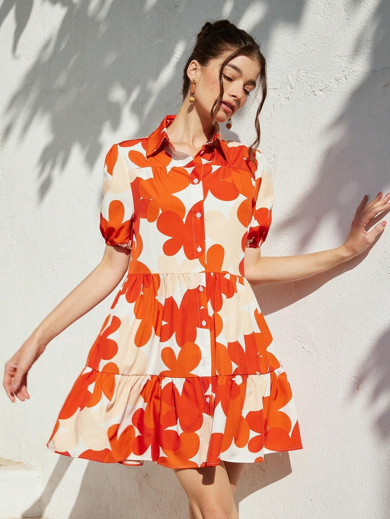 Shasmi WomenS Rust Orange Flower Print Short Sleeve Button Front All-Over Printed Dresses, Ruffle Hem Smock Dress For Woman (16
