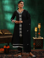 Libas Womens Embroidered Cotton Straight Kurta With Trousers And Dupatta