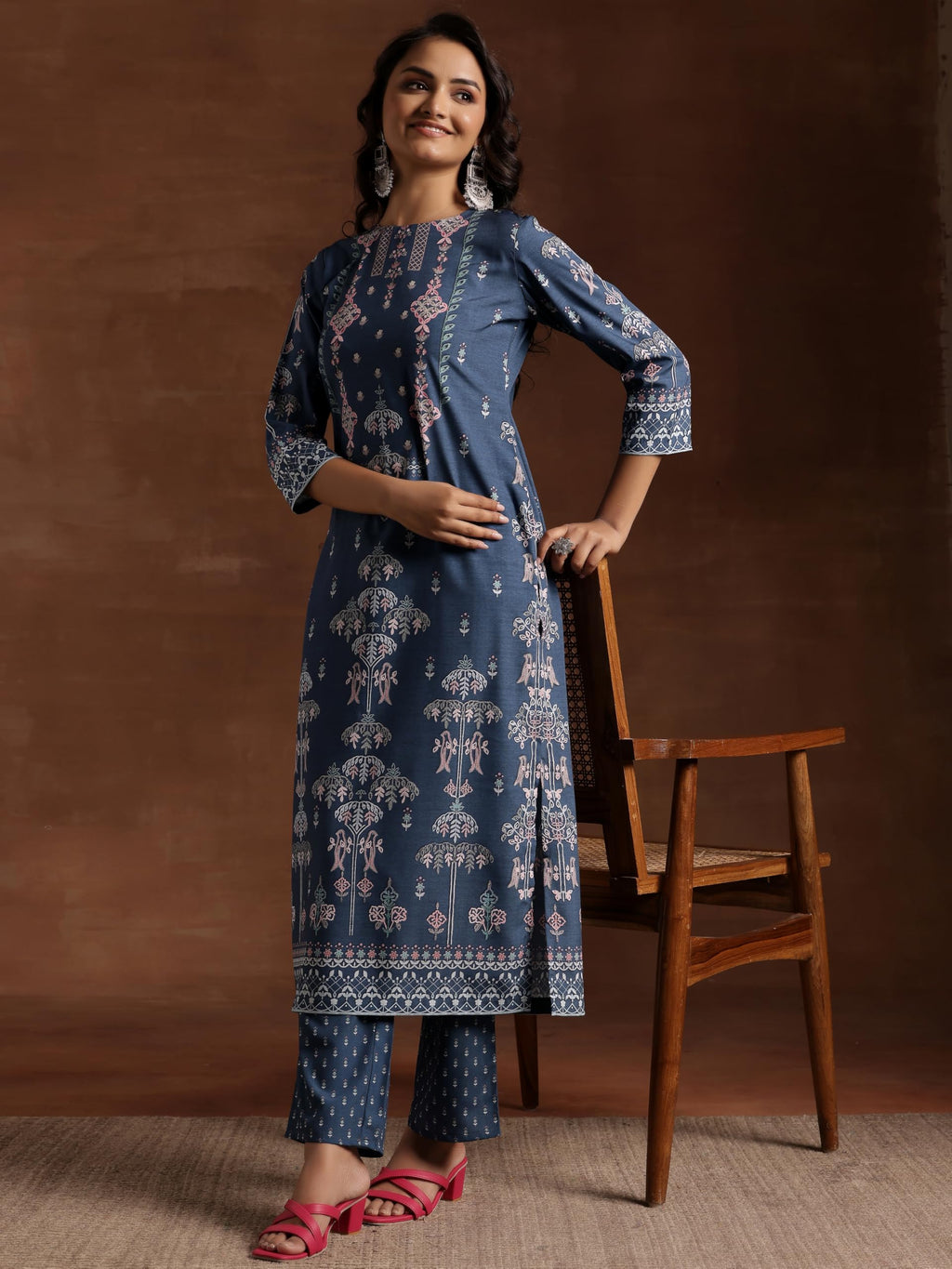 Libas Womens Printed Crepe Straight Kurta With Trousers