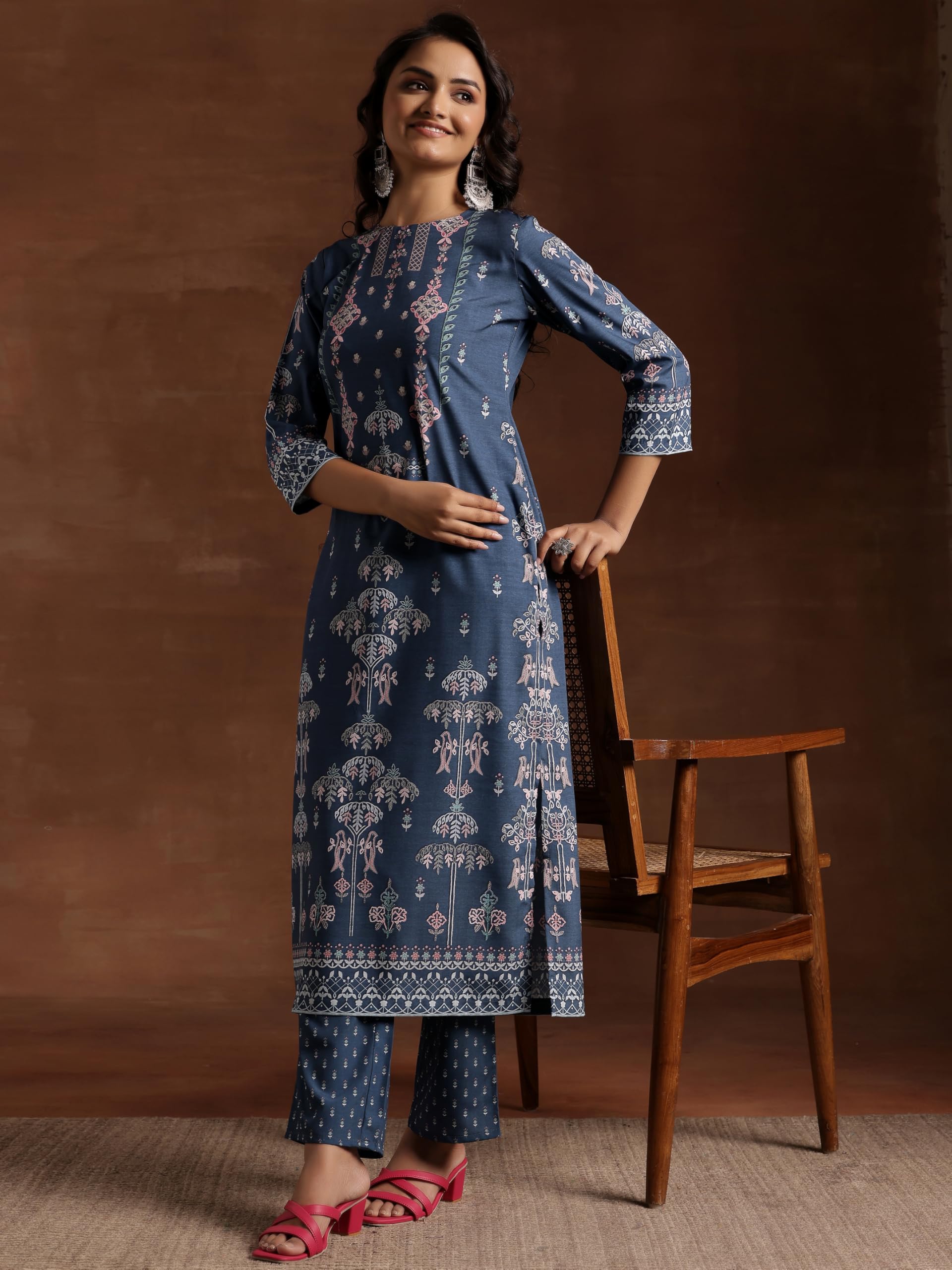 Libas Womens Printed Crepe Straight Kurta With Trousers