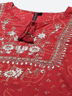 Ishin Women'S Pure Cotton Straight Embroidered Gotta Patti Bandhani Print Red Kurta Suit Set With Sharara