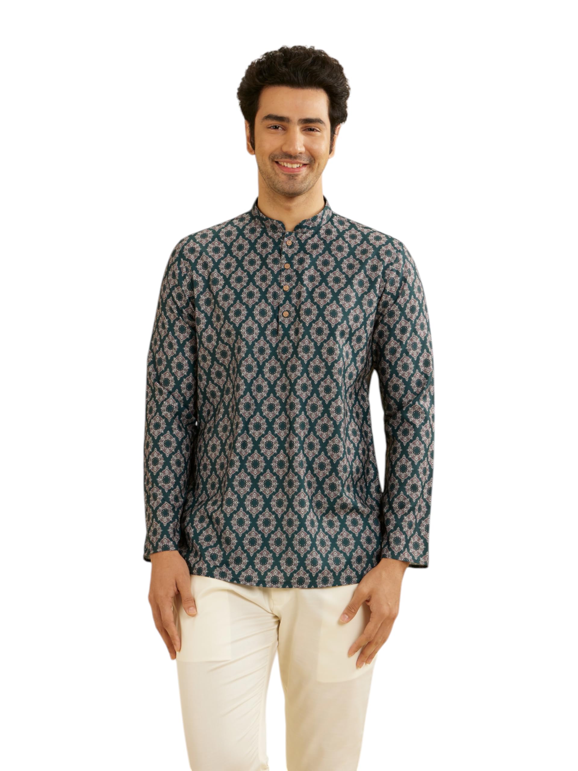Manyavar MenS Cotton Digital Print Short Kurta (Green,Xxxl)