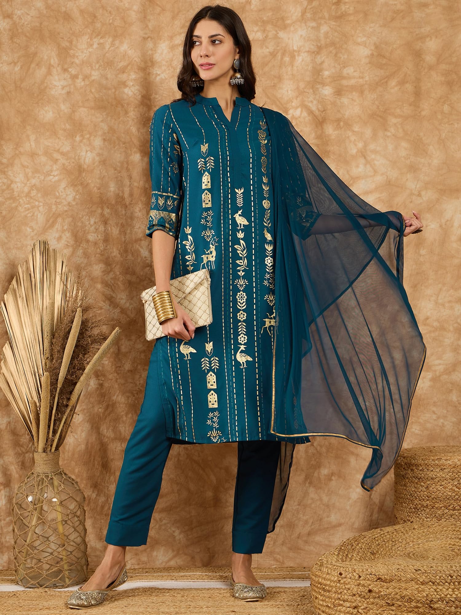 Ziyaa Women Women'S Teal Blue Rayon Kurta, Pant And Dupatta Set