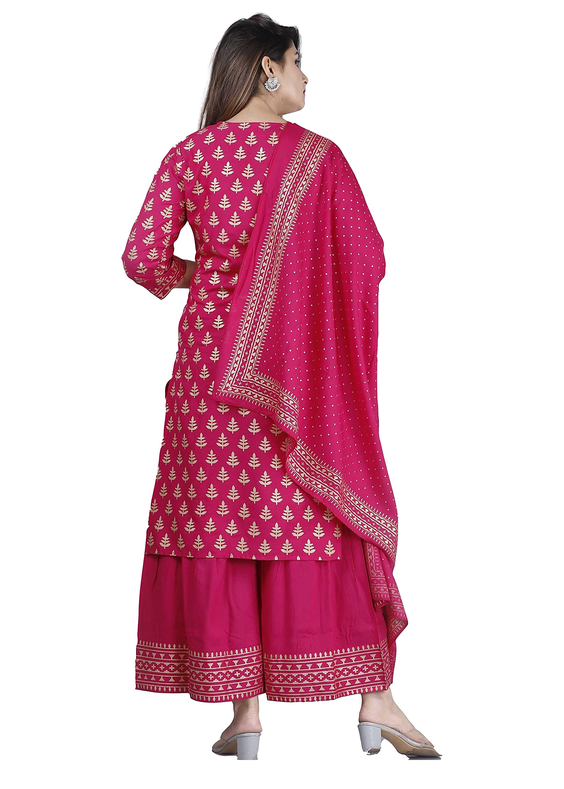 Anni Designer Women'S Rayon Foil Printed Straight Kurta With Palazzos & Dupatta (Amisha Red_Pink)
