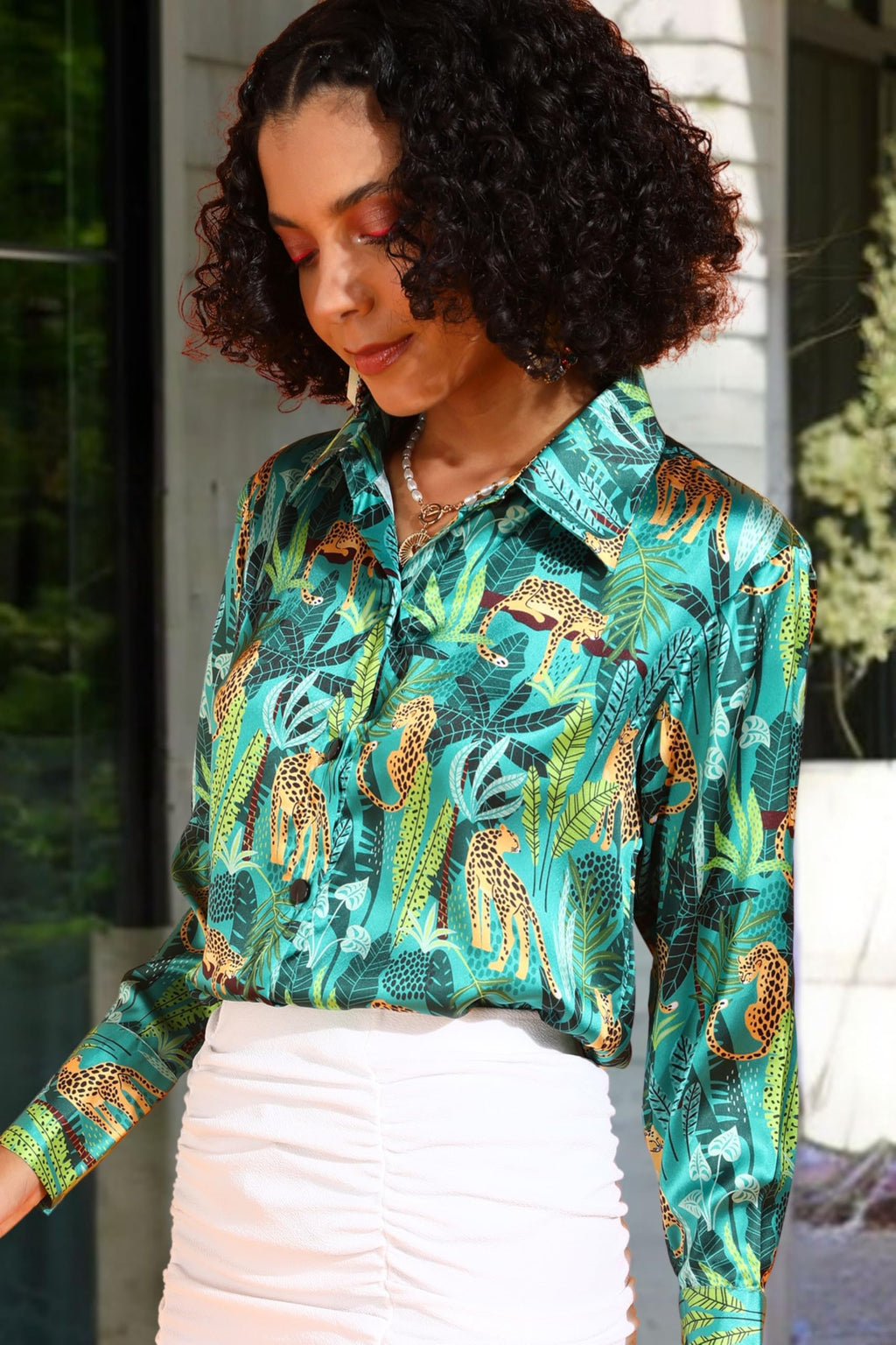 POPWINGS Printed Full-Sleeves Regular-Fit Satin Printed Shirt for Women Stylish Western Casual Wear