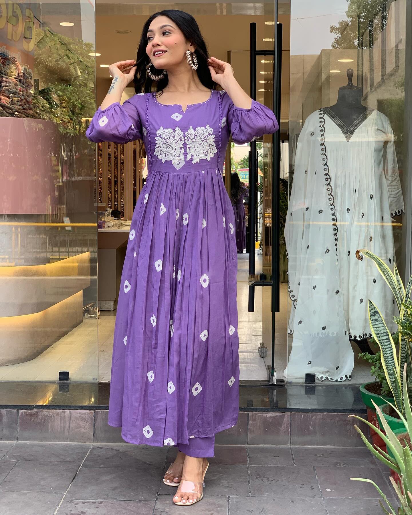 ANNI DESIGNER Women s Anarkali Printed Rayon Blend Kurta with Pants, purple, S