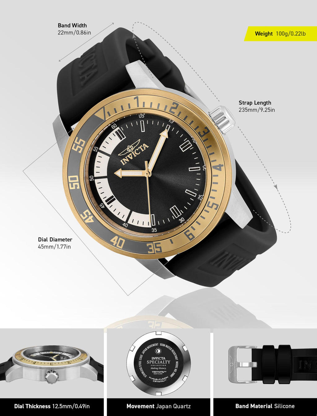 Invicta Men's Specialty 45mm Silicone Quartz Watch, Black (Model: 35681)