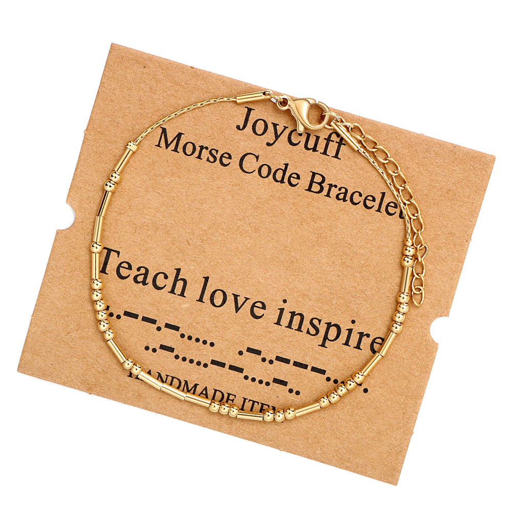 JoycuFF Inspirational Morse Code Bracelets Teach Love Inspire Courage Birthday Graduation Christmas Gifts for Teacher Gold Beade