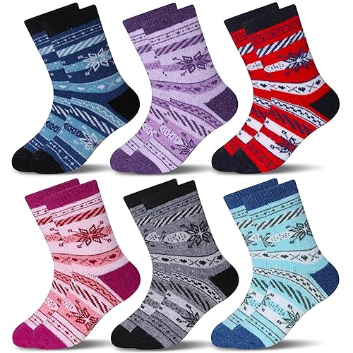 Eocom 6 Pairs Children's Winter Warm Wool Socks Kids Toddlers Boys Girls Thermal Thick Boot Cozy Crew Socks (8-12 Years, Snowfla