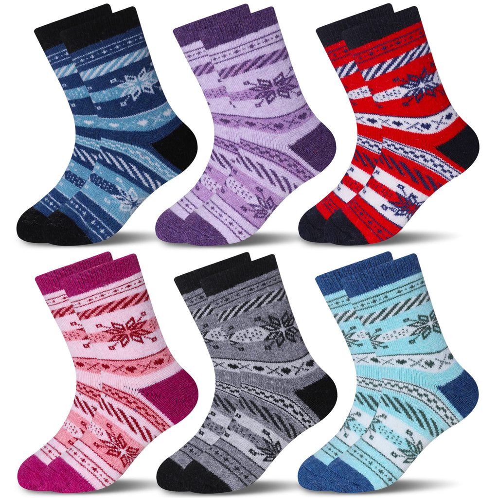 Eocom 6 Pairs Children's Winter Warm Wool Socks Kids Toddlers Boys Girls Thermal Thick Boot Cozy Crew Socks (8-12 Years, Snowfla