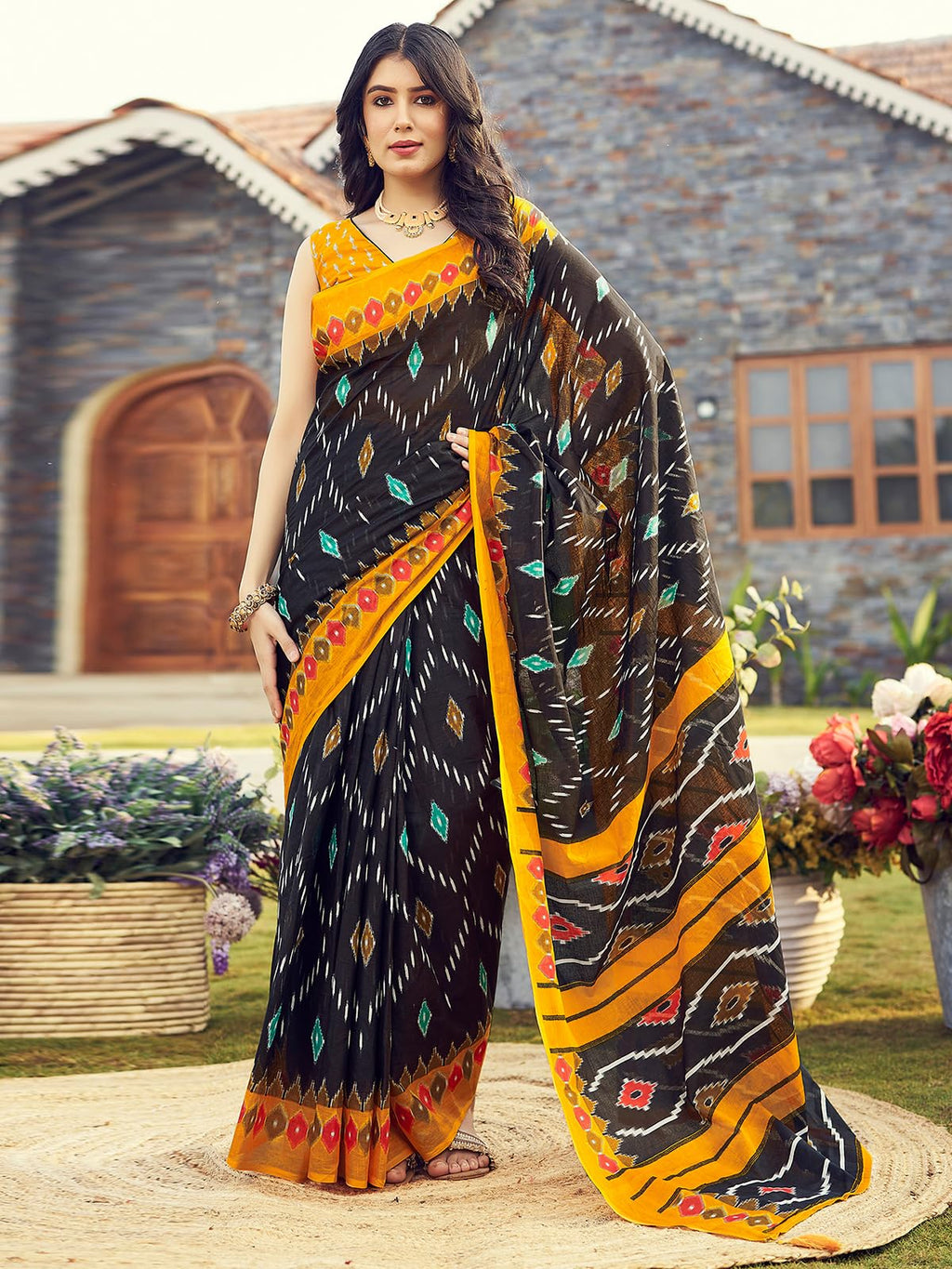 Satrani Womens Cotton Printed Ready To Wear Saree with Unstitched Blouse Piece