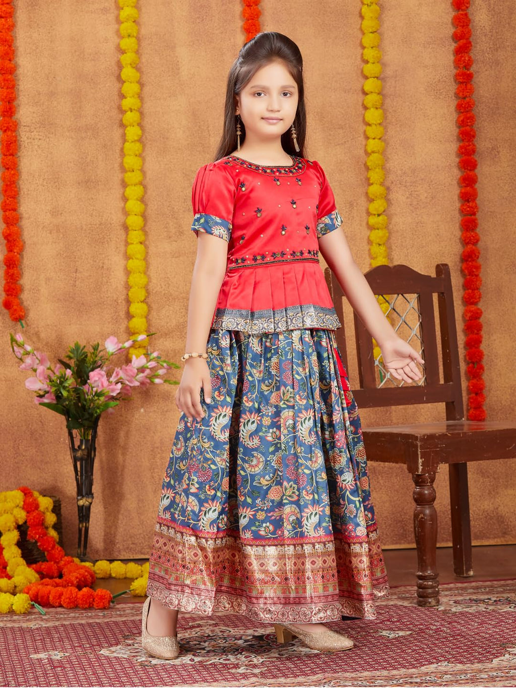 Aarika Girls Ethnic Wear Red Colour Beads Hand Embroidery Lehenga Choli Set (4-10 Years)
