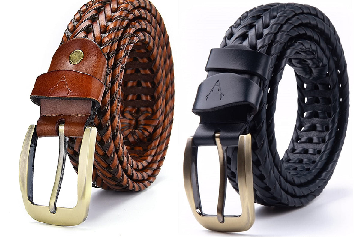 Vogard MenS Braided Leather Belts Combo Set Of 2 | Classic Pin Buckle Design | Gift For Men | Formal & Casual Outfits (Blue & Ta 24-blue-tan
