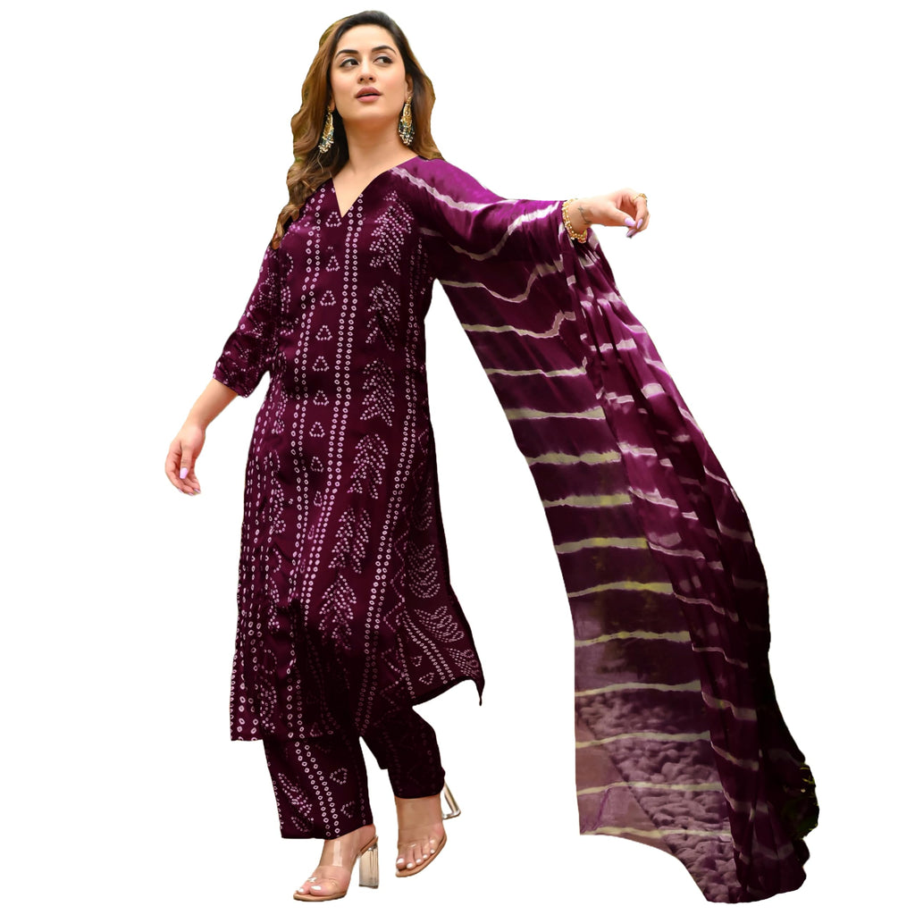 ANNI DESIGNER Womens Rayon Blend Straight Bandhej Printed Kurta with Pant & Dupatta (Baghira Wine_S_Wine_Small)