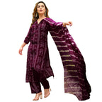 ANNI DESIGNER Womens Rayon Blend Straight Bandhej Printed Kurta with Pant & Dupatta (Baghira Wine_S_Wine_Small)