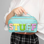 LONEDREAM 3Pcs Stoney Clover Preppy Makeup Bag, Stuff Bag Travel Makeup Cosmetic Bag, Chenille Letter Patch Open Flat Nylon Pouc