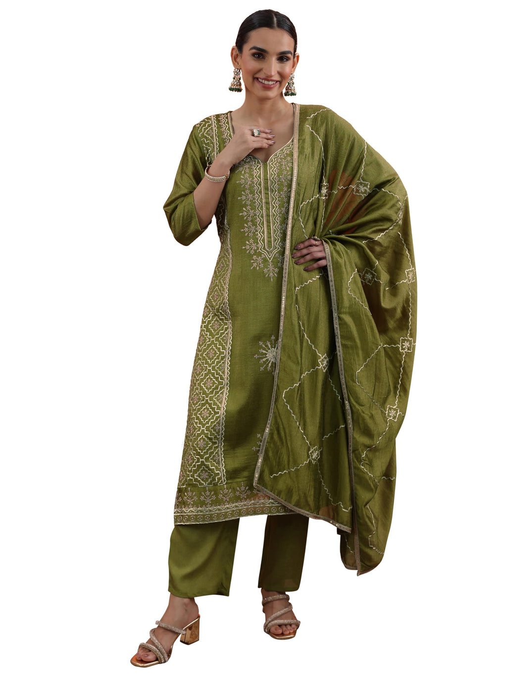 Libas Womens Embellished Chinon Straight Kurta With Trousers and Dupatta