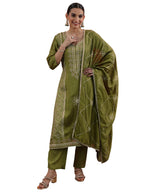 Libas Womens Embellished Chinon Straight Kurta With Trousers and Dupatta