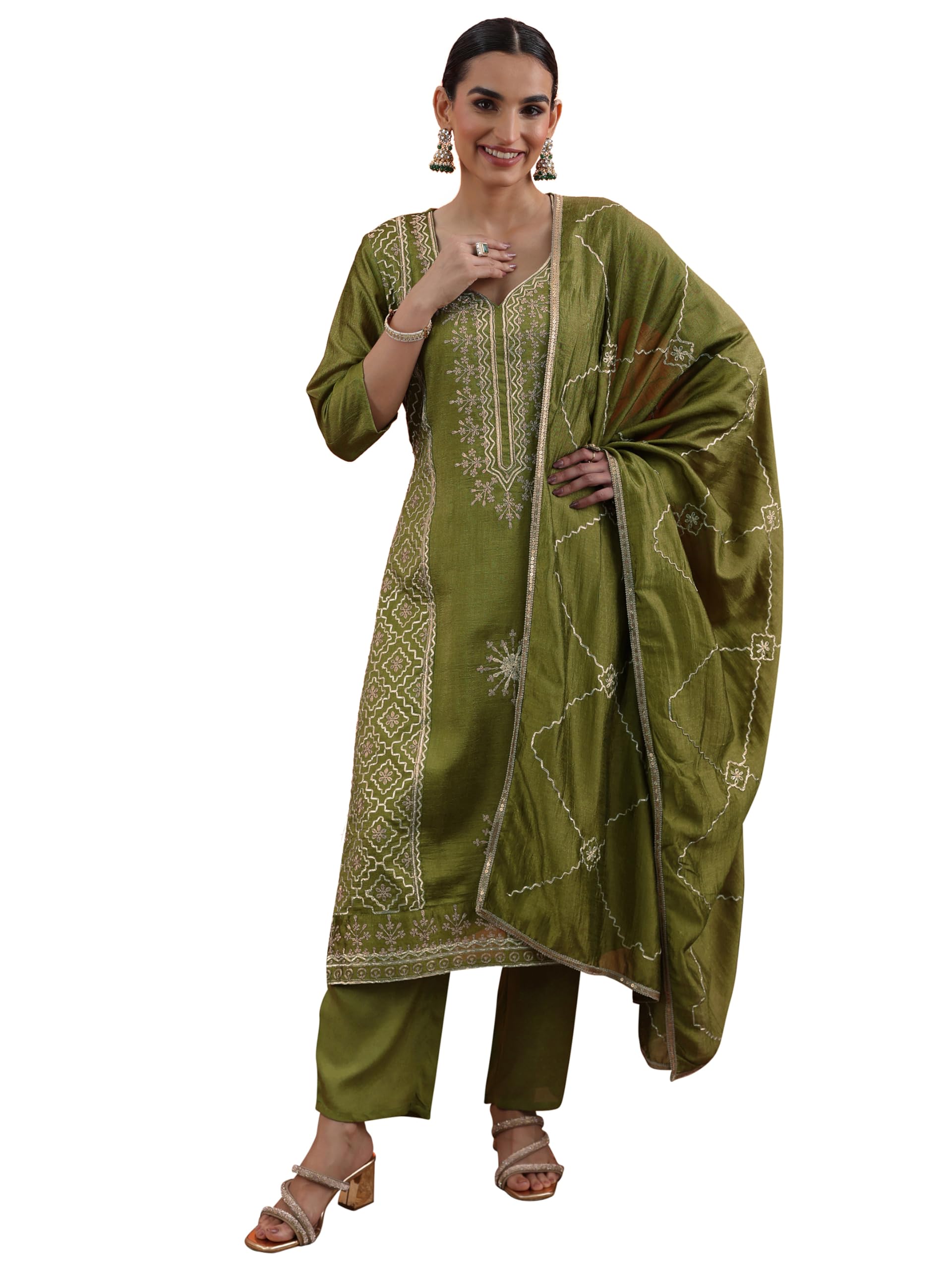 Libas Womens Embellished Chinon Straight Kurta With Trousers and Dupatta