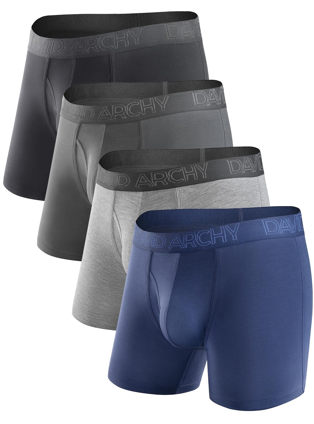 DAVID ARCHY Mens Underwear Bamboo Rayon Boxer Briefs Breathable and Soft with Fly Underwear for Men 4 Pack (M, Black/Dark Gray/N