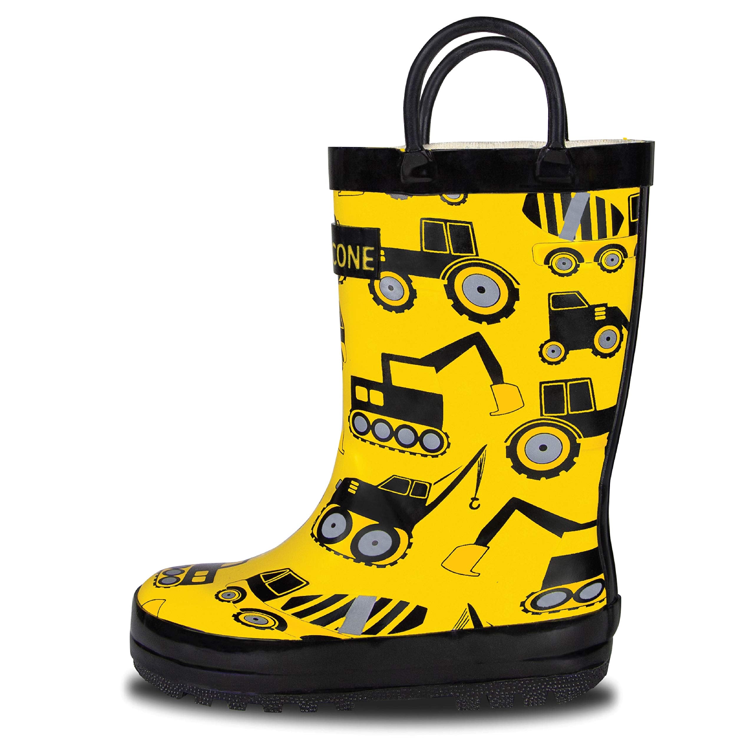 Lone Cone Rain Boots with Easy-On Handles in Fun Patterns for Toddlers and Kids, Construction Zone, 13 Little Kid