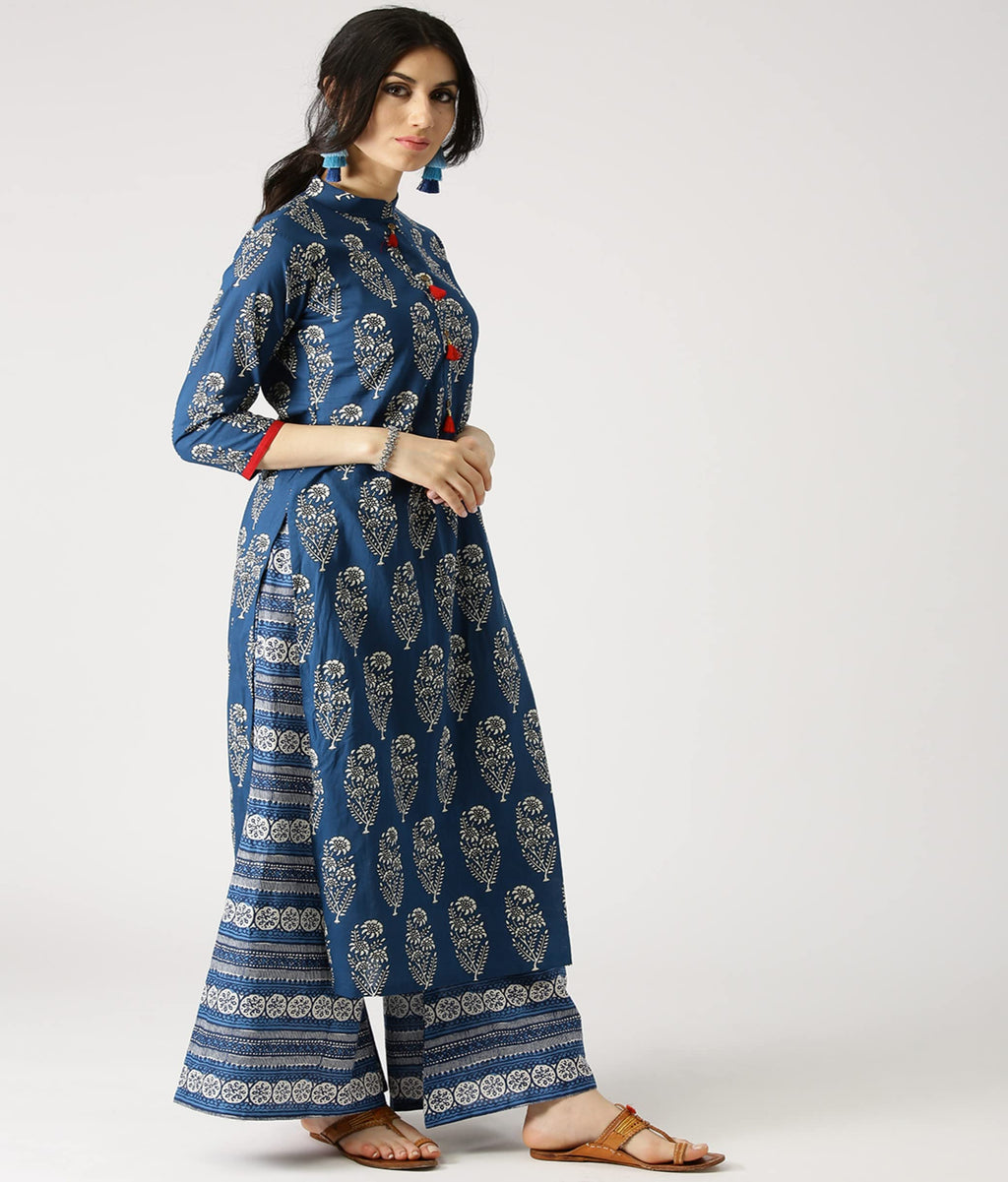 Anni Designer Women'S Cotton Blend Straight Printed Kurta With Palazzo (Firki Blue_S_Blue_Small)