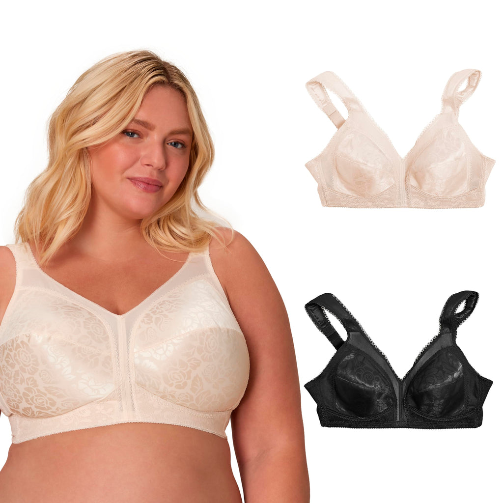 Playtex Women's 18 Hour Comfort-Strap Wireless, Full-Coverage Bra, Single, Natural Beige/Black, 2-Pack