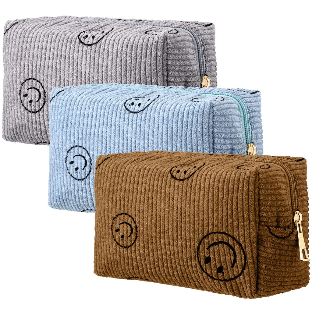 3 Pcs Corduroy Cosmetic Bag Smile Face Aesthetic Preppy Makeup Bag Corduroy Toiletry Aesthetic Pouch Travel Smile Bags for Women