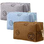 3 Pcs Corduroy Cosmetic Bag Smile Face Aesthetic Preppy Makeup Bag Corduroy Toiletry Aesthetic Pouch Travel Smile Bags for Women