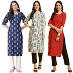 Pinkmint WomenS Crepe Printed Kurta Pant Straight Kurta Set For Women(Pack Of 3)